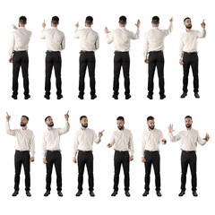 Set of back and front view of business man doing various touch screen interaction gestures. Full body isolated on white background. 