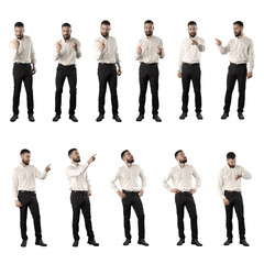 Set of business person showing middle finger and pointing finger looking up. Full body isolated on white background. 