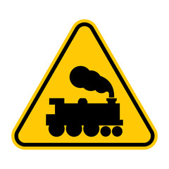 Wall Mural - Railway train level crossing road sign. Vector illustration of yellow triangle warning sign with train icon inside. Warning for railroad crossing without barrier or gate. Caution trains. 