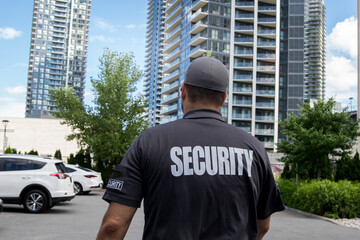 Security guard in uniform patrolling residential area