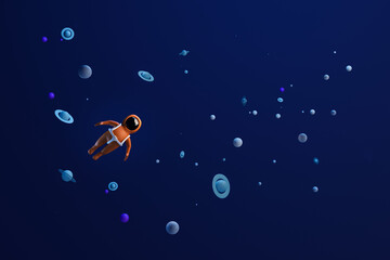 Wall Mural - Little astronaut floating in space surrounded by planets on blue background. 3D rendering.