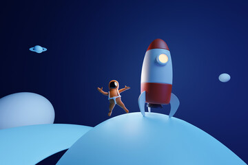Wall Mural - Cute toon astronaut boy and a rocket on a planet surface. 3D rendering.