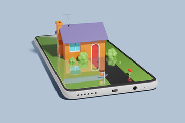 Wall Mural - A stylized cartoon house for sale rising up from a mobile phone. Concept of online real estate. Buying and selling home online. 3D rendering.