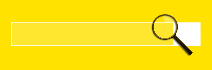 female hand holds a magnifying glass loupe on the search bar on a yellow background. Web search. Banner