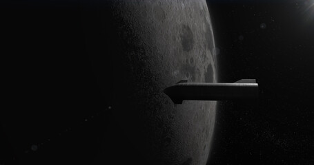 Wall Mural - Reusable spaceship rocket approaching moon, space colonization concept. Realistic 3D rendering