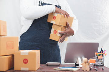 SME entrepreneurs work from home to package products according to customer orders through the online business website. Parcel Delivery Concepts
