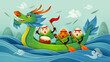 Dragon Boat Festival with rice dumpling cartoon character and dragon boat on water.