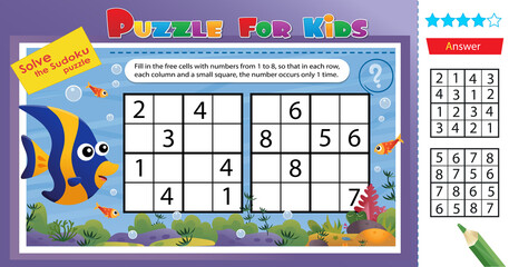 Solve the sudoku puzzle together with the fun little fish. Logic puzzle for kids. Education game for children. Worksheet vector design for schoolers.