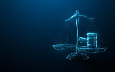Poster - scale icon hammer of justice in the law and justice. low poly schemes, particles, lines, and triangl