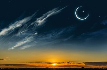 Wall Mural - crescent moon with beautiful sunset background . bright sky . sunset in hot summers, nature backgrou