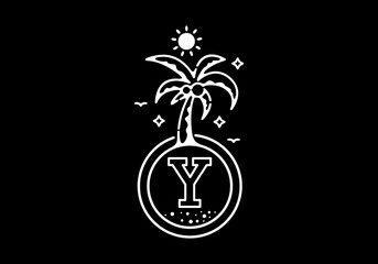 Wall Mural - White black line art illustration of coconut tree in the beach with Y initial letter