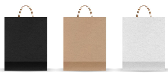 Shopping bag mockups. Paper package isolated on white background. Realistic mockup of craft paper bags.