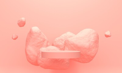 Poster - Podium for advertising cosmetics with pink flying stones. Backdrop design for product promotion. 3d rendering