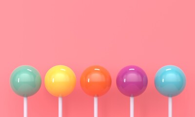 Poster - Shiny sweet multicolored lollipops with stick on pink background and copy space. 3d rendering