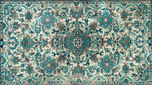 The Texture Of A Persian Carpet, An Abstract Ornament. Round Mandala Pattern, Traditional Middle Eastern Carpet Fabric Texture. Turquoise Milky Green Beige, Light Green, Brown. Vintage,oriental Motifs