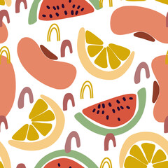 Wall Mural - Hand drawn watermelon, lemon and apricite slices on the seamless summer pattern