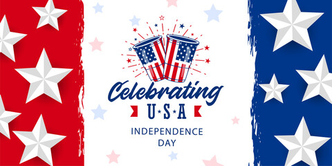 Simple Celebrating USA Independence day design with Beer and fireworks, on red and blue color brushstroke, grunge, vintage background with star, promotion advertising banner template. 