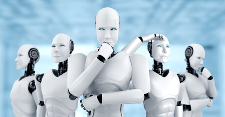 Poster - 3d illustration of robot humanoid group in concept of future artificial intelligence and 4th fourth 