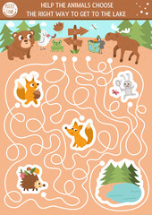 Wall Mural - Summer camp maze for children. Active holidays preschool printable activity. Family nature trip labyrinth game or puzzle with cute hiking animals going to the lake and forest.