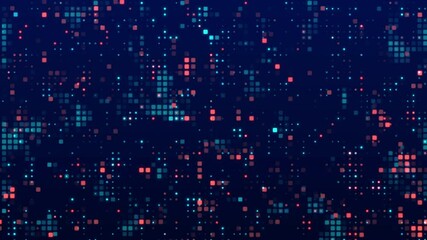 Hi tech motion graphic background, square elements and flickering dots on dark background
