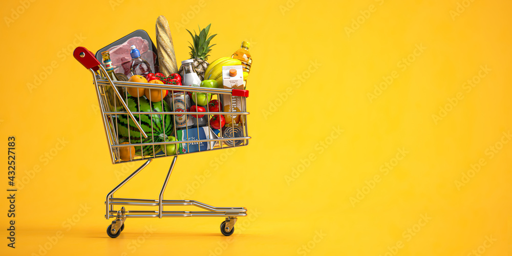 Shopping cart full of food on yellow background. Grocery and food store concept. - obrazy, fototapety, plakaty 