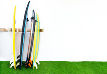 Surfboards On A Freestanding Rack Of A Beach House
