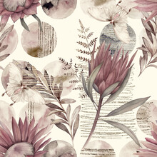 Watercolor Floral Seamless Pattern With Protea, Butterfly And Golden Elements. Vintage Hand Drawn Print