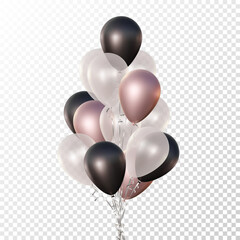 Bunch of vector 3d realistic air balloons. Transparent pearl white, metallic black, and rose golden. Good for birthday, anniversary, New Year, wedding, corporate designs.