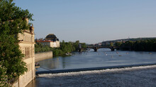 Prague, Czech Republic, June 2009: Landscape Of The Historic Legion Bridge On The Moldau River In A Special Sunny Day.