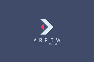 Poster - Right Arrow Logo. Red and White Geometric Head Arrow Shape isolated on Blue Background. Usable for Business and Technology Logos. Flat Vector Logo Design Template Element.