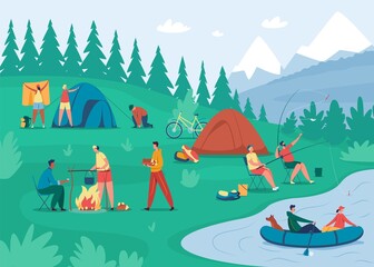 people camp. friends relaxing near bonfire, cooking food, setting up tent. tourists camping in fores