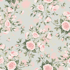   Seamless floral pattern drawn by paints on paper blooming branches of roses