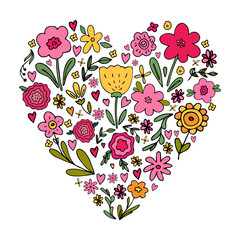 Cute vector illustration with heart shape bouqet with various floral flower doodles in simple hand drawn childish style. Bright romantic design template for greeting card, invitation, Mothers day.