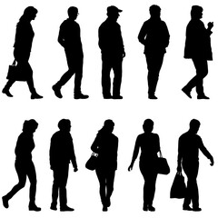 Black silhouettes travelers with suitcases on white background.