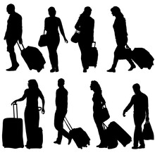Black Silhouettes Travelers With Suitcases On White Background.