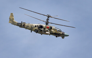 ZHUKOVSKY, RUSSIA - SEPTEMBER 01, 2019: Demonstration of the Kamov Ka-52 Alligator attack helicopter of the Russian Air Force at MAKS-2019, Russia.