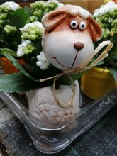 A Floral Arrangement Of Home-grown Flowering Plants In A Ceramic Pot And A Cute Dog Figurine. Floral Wallpaper