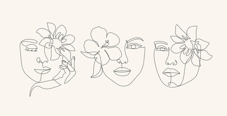 Canvas Print - Surreal Face Continuous line, drawing face and hairstyle with flower, fashion concept, woman beauty minimalist, vector illustration pretty sexy. Contemporary portrait