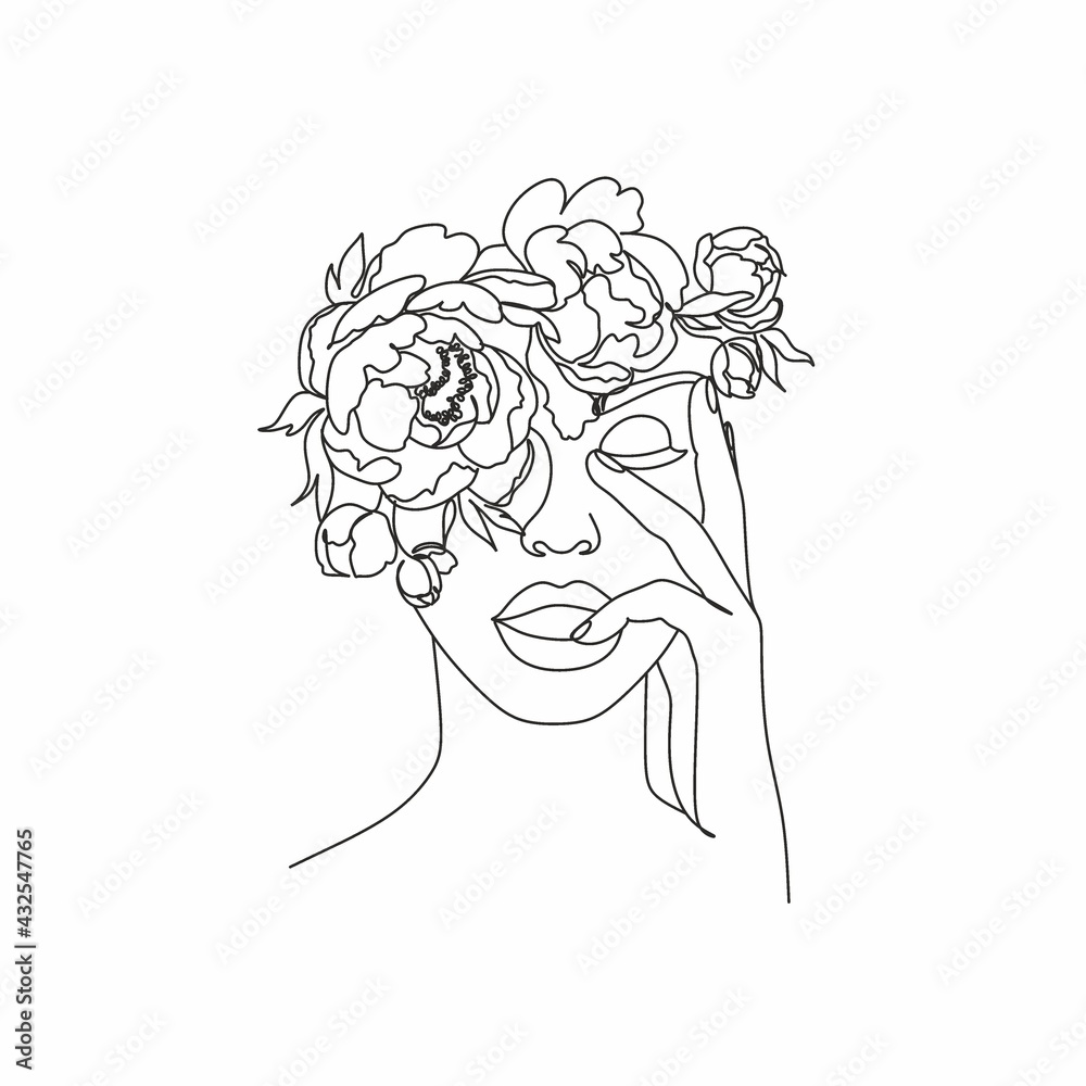 Line Art Woman With Flowers. Head Of Flowers Line drawing. Flower Woman ...