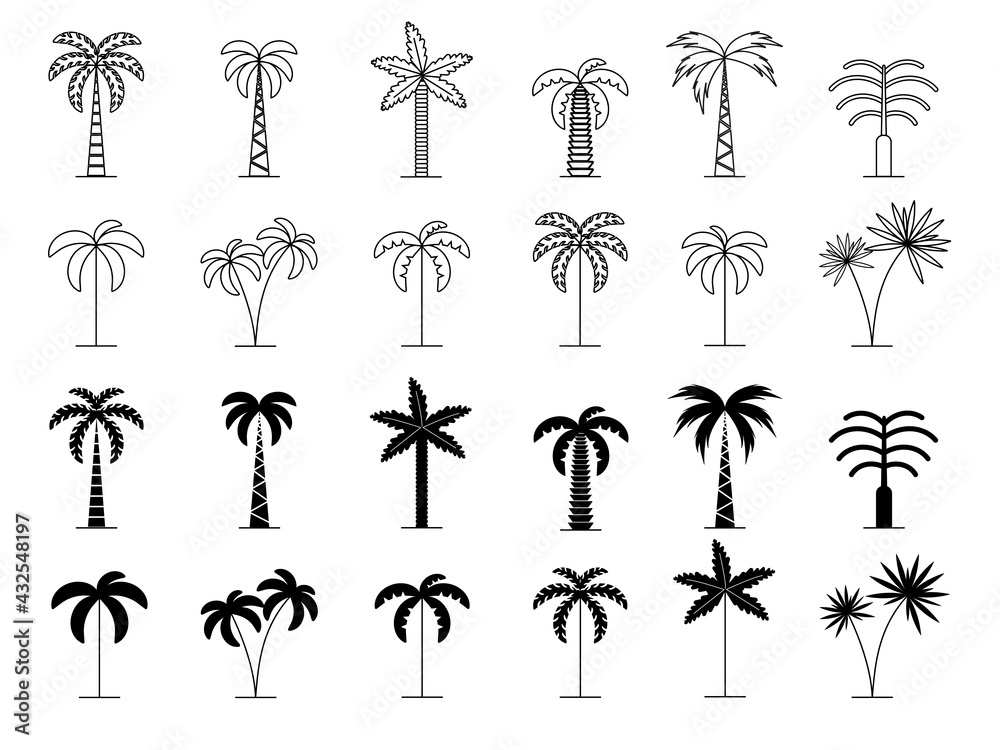 Set of minimal trees linear icons. Vector palm icons isolated on white ...