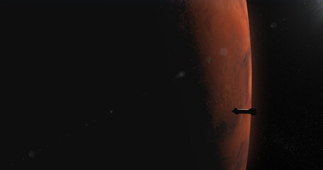 Wall Mural - wide spaceship rocket approaching planet mars, space colonization concept. realistic 3d rendering