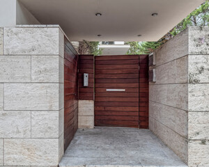 modern family house front external dark wood door, Athens Greece