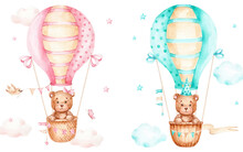 Teddy Bears On Pink And Blue Air Balloons; Watercolor Hand Drawn Illustration; Can Be Used For Baby Shower Or Postcards; With White Isolated Background