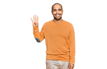 Poster - Hispanic adult man wearing casual winter sweater showing and pointing up with fingers number four while smiling confident and happy.