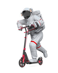 Wall Mural - astronaut is riding a scooter on white background rear view