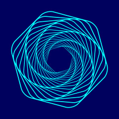 Wall Mural - Abstract swirling symbols. Twisted wireframe tunnel. Curved blue shape. Technology glowing logo element.