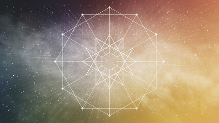 sacred geometry dodecagram, dodecagon- vintage toned retro sky with clouds and stars - yellow, orang