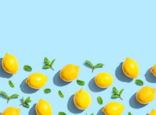 Fresh Yellow Lemons With Mints Overhead View