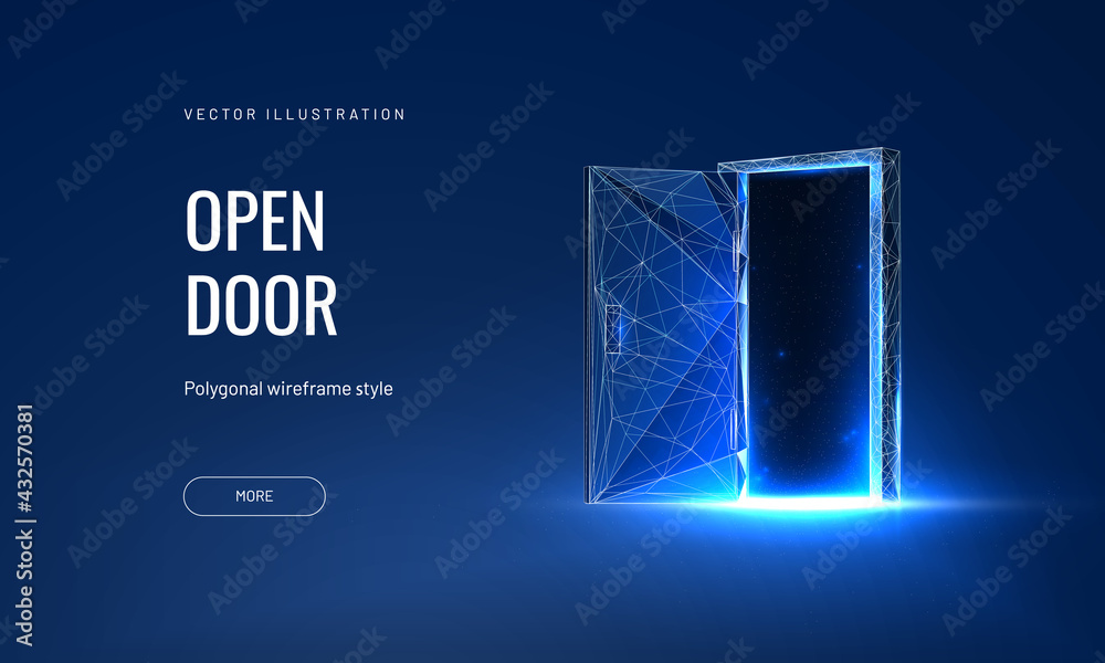 Open door digital vector illustration on a blue background. Futuristic science fiction concept of doorway. Technology portal in a polygonal wireframe glowing style - obrazy, fototapety, plakaty 