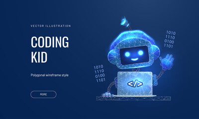 Bot in the form of a robot at a laptop in a futuristic polygonal style. Banner or landing for the school of programming for children. Digital technologies in education. Vector illustration